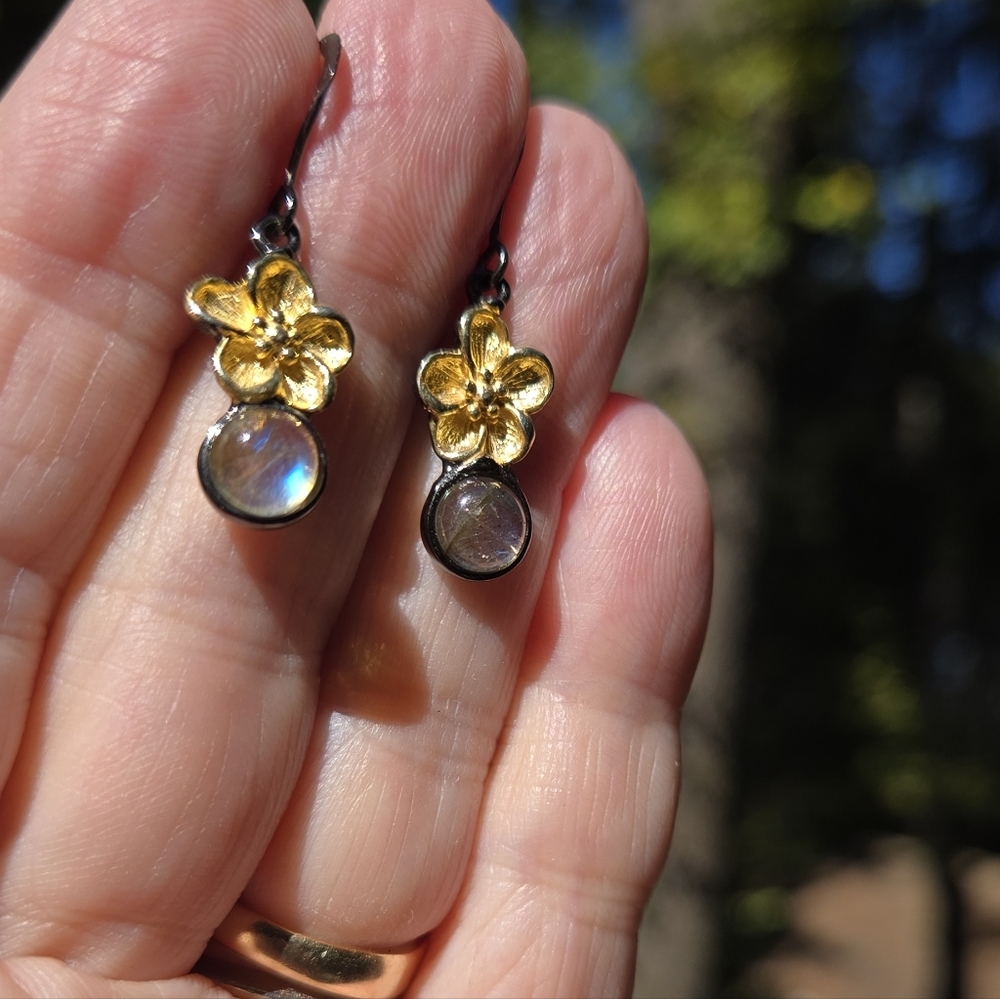 Laboradorite 1k Natural Sterling Rhodium & Gold Cherry Blossom Earrings - Picture 8 of 10
